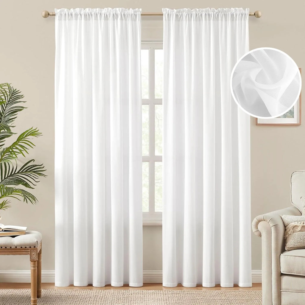 White Privacy Semi Sheer Curtains 2Panels Light Filtering Curtains for Living Room Bedroom Outdoor Large Window Treatment Drapes