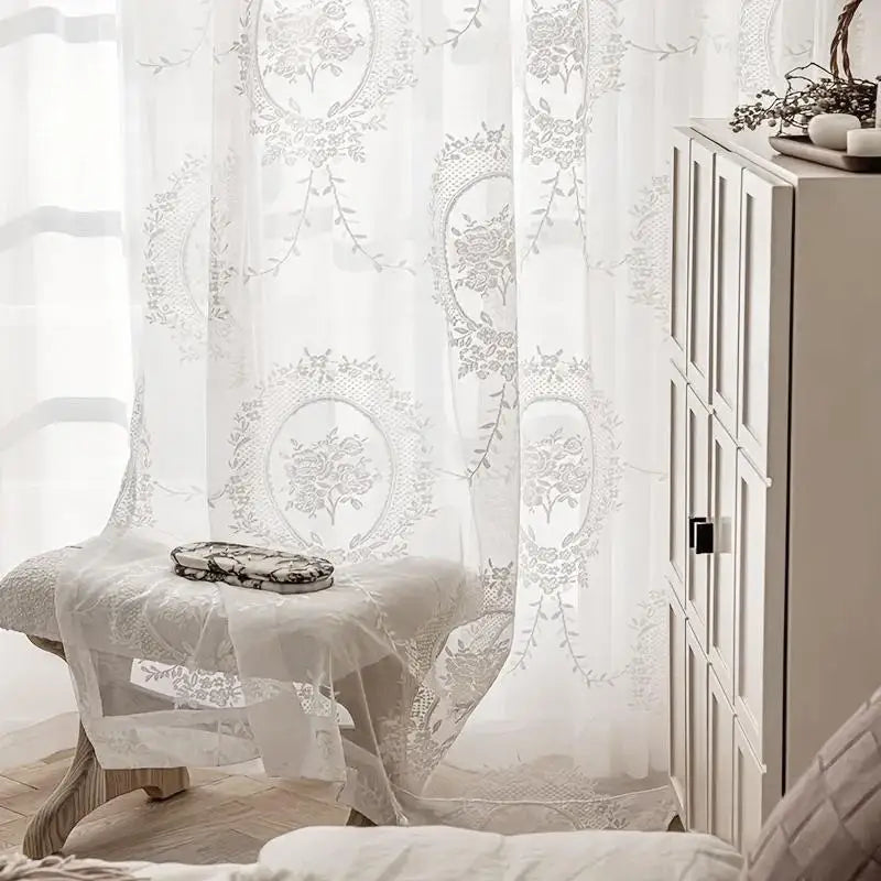 Elegant Woven Lace Mirror Flower Curtain Retro Embroidered Sheer for Balcony Office Living Room Home Decor