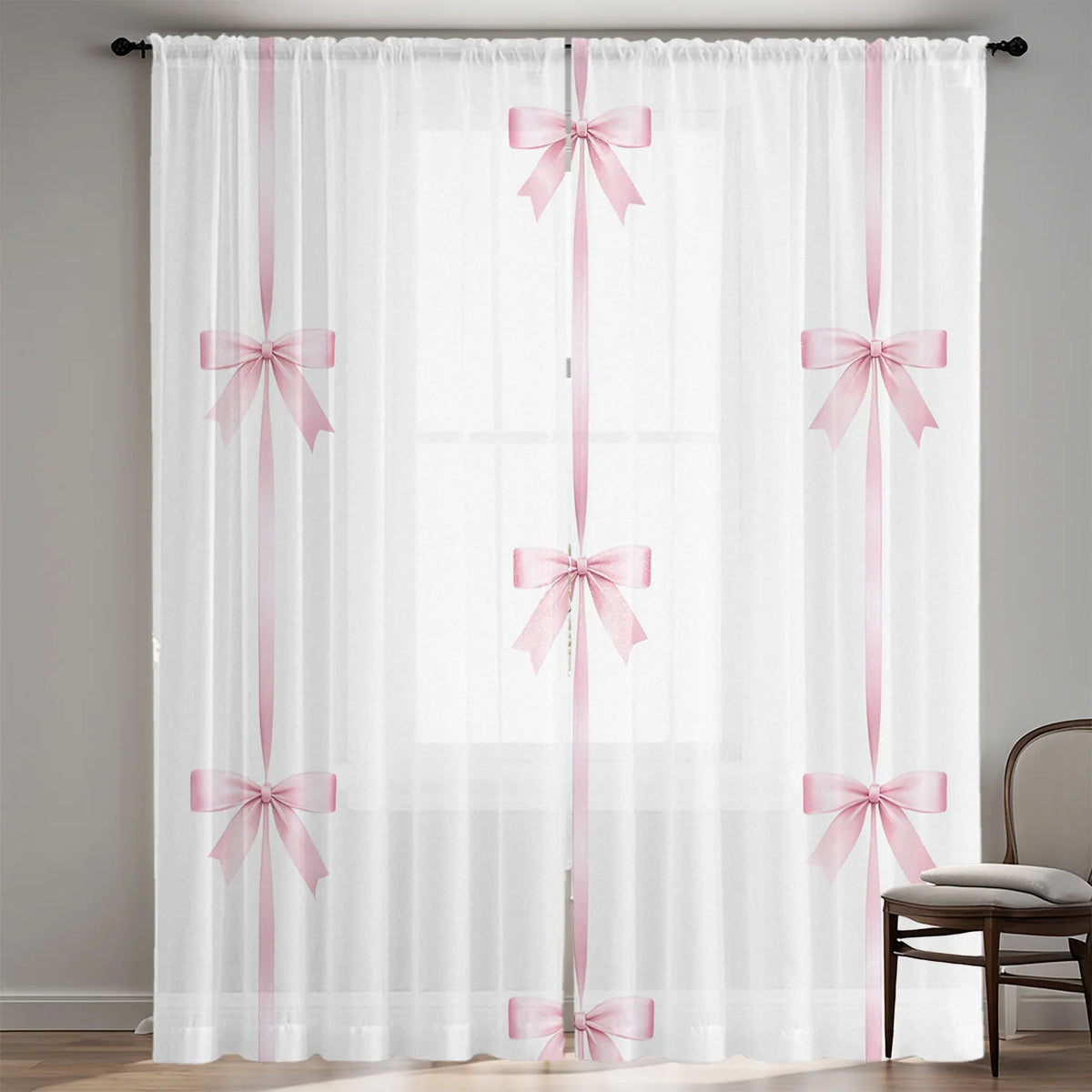 2PC Pink Bow Sheer Curtains – HD Digital Print, Pocket Rod Design for Living Room & Bedroom – Home Decor Window Treatments