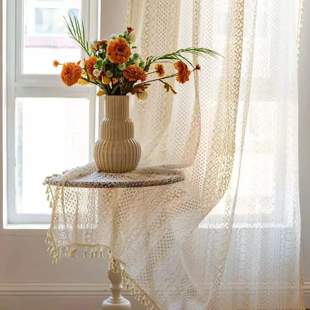 Boho Tassel Crochet Curtains Vintage Knitted Lace Light Filtering Beige Window Treatment Drapery For Living Room