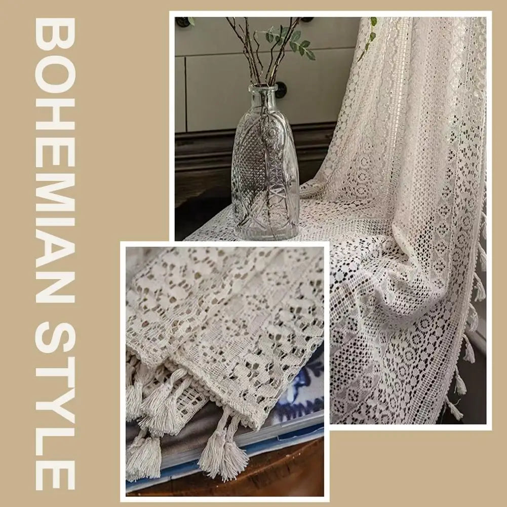 Boho Tassel Crochet Curtains Vintage Knitted Lace Light Filtering Beige Window Treatment Drapery For Living Room