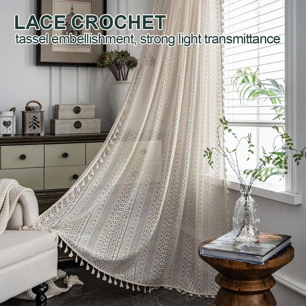 Boho Tassel Crochet Curtains Vintage Knitted Lace Light Filtering Beige Window Treatment Drapery For Living Room