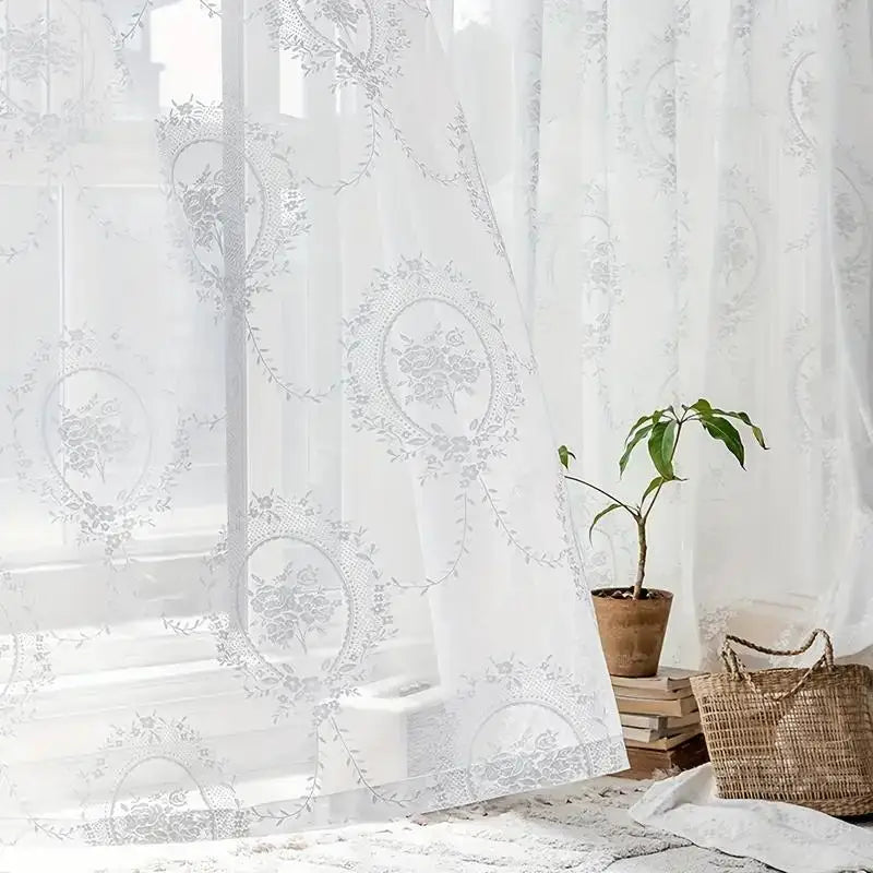 Elegant Woven Lace Mirror Flower Curtain Retro Embroidered Sheer for Balcony Office Living Room Home Decor