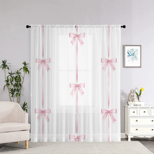 2PC Pink Bow Sheer Curtains – HD Digital Print, Pocket Rod Design for Living Room & Bedroom – Home Decor Window Treatments